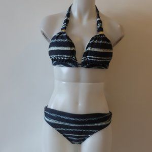 Womens XIA Navy Blue White Swimwear Halter 2 Pc Bikini Swimsuit S *
